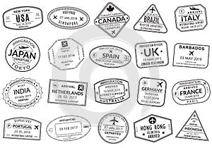 Passport stamp set. Visa stamps for travel. International airport sign. Immigration, arrival and departure symbols